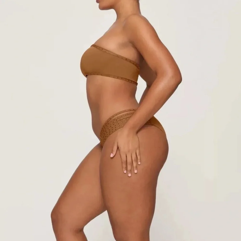 SKIMS Rhinestone Swim Bandeau Bikini Top Almond Brown 3X & 4X